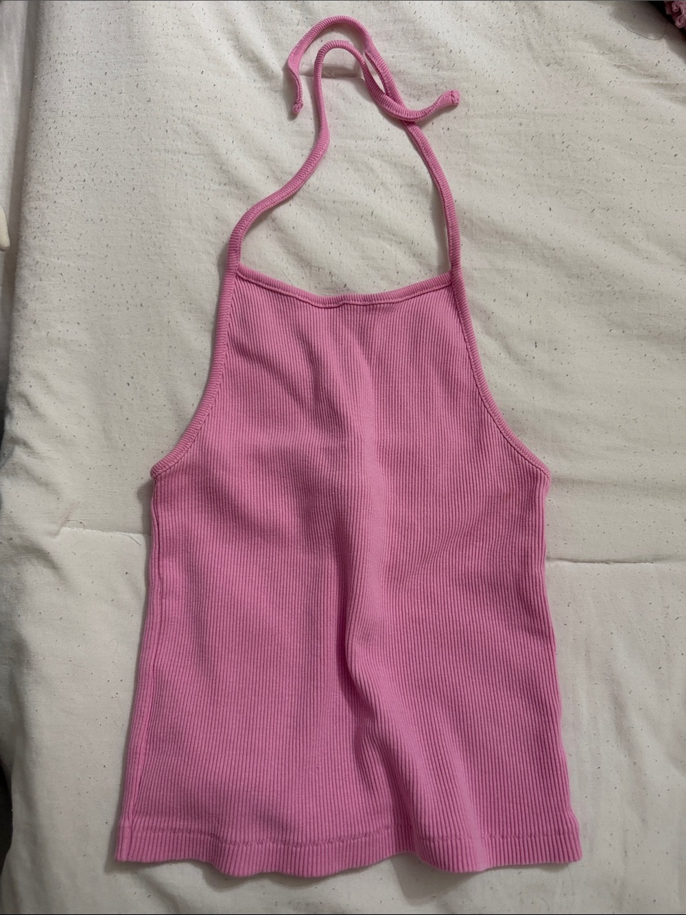 Brandy Melville Bubblegum pink ribbed cropped halter top